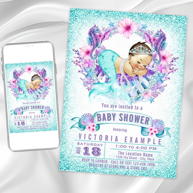 Lila Turkos Sjöröding Bebis Bjudningar Inbjudningar (Cute mermaid baby shower invitation. Instant download and printed invitations available.)