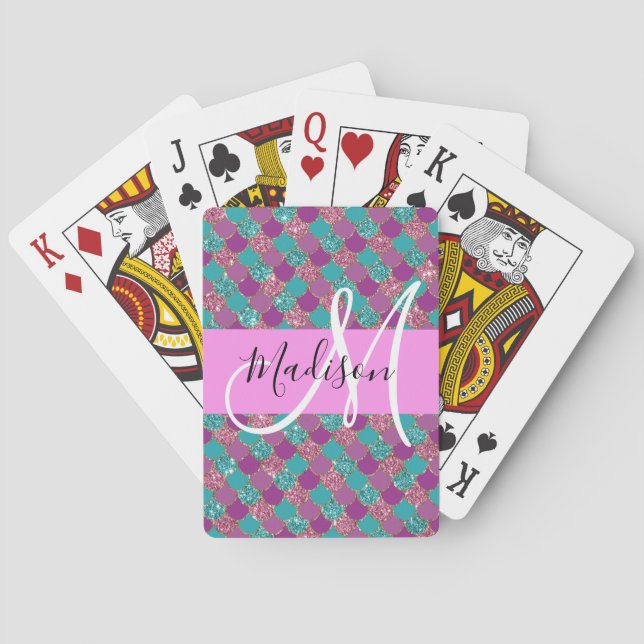 Lila Turkos Sjöröding Glitter Gnistrar Monogram Casinokort (Baksidan)