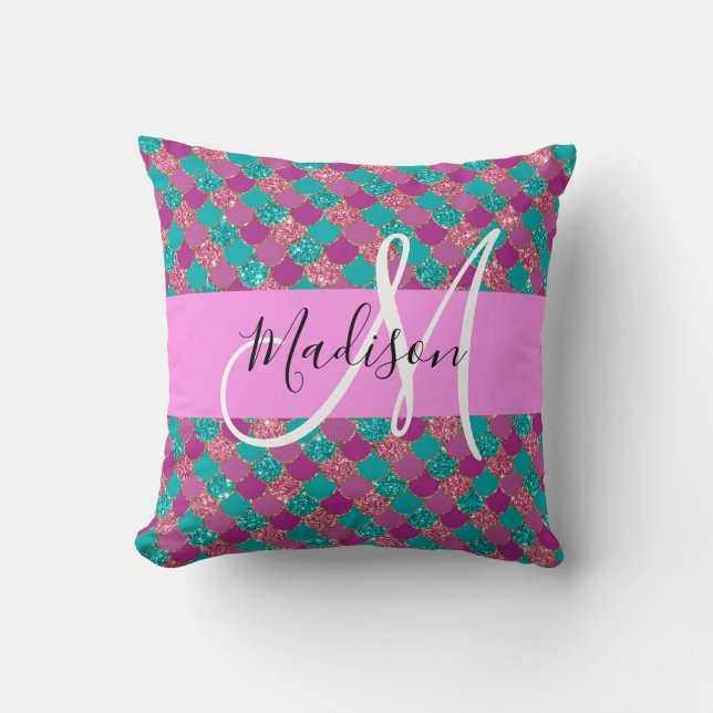Lila Turkos Sjöröding Glitter Gnistrar Monogram Kudde (Framsida)