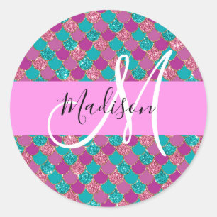 Lila Turkos Sjöröding Glitter Gnistrar Monogram Runt Klistermärke