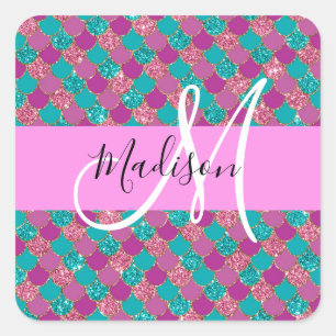 Lila Turkos Sjövådin Glitter Gnistrar Monogram Fyrkantigt Klistermärke