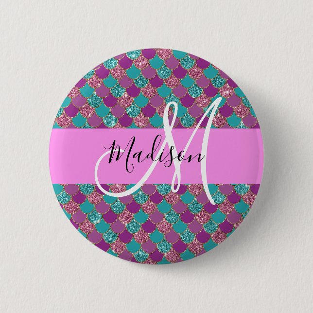Lila Turkos Sjövittsk Glitter Gnist Monogram Knapp (Framsida)