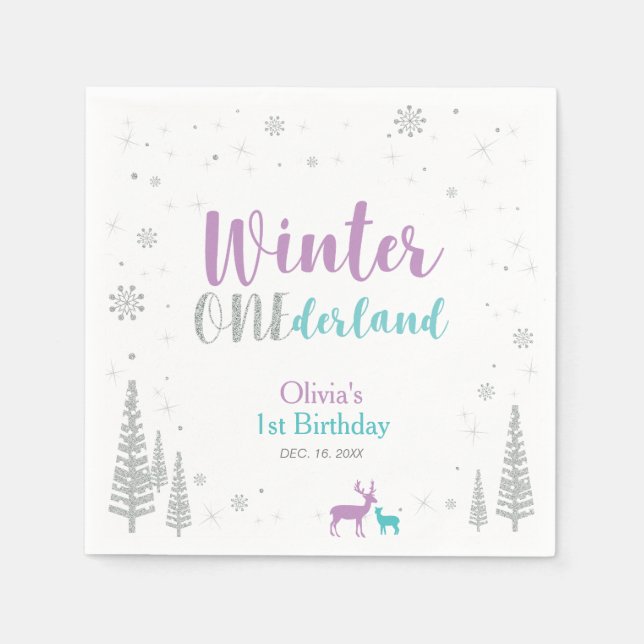 Lila & Turkos Vinter Onederland 1-års födelsedagsf Pappersservett (Framsidan)
