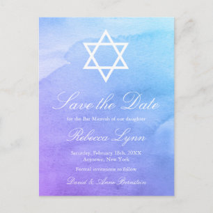 Lila Turkos Watercolor Bat Mitzvah Spara Datum Meddelande Vykort