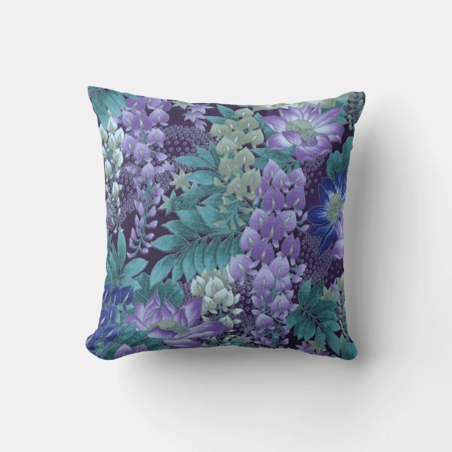Lila & Turkosa Djungelblommor Kudde (Framsida)