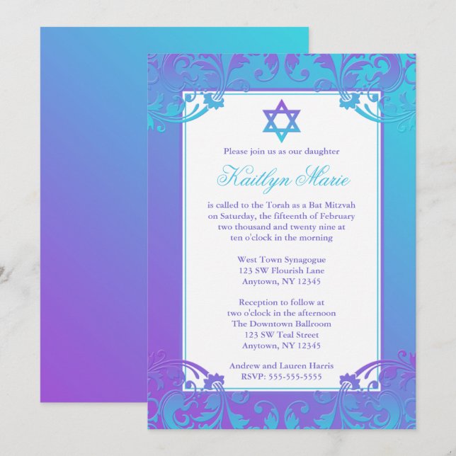 Lila turkosa utsmyckade Bat Mitzvah-inbjudningar Inbjudningar (Fram/baksida)
