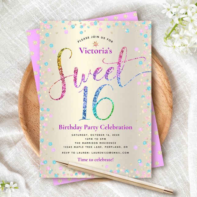 Lila Turquise Glitter Sweet 16 Birthday Guld Inbjudningar (Skapare uppladdad)