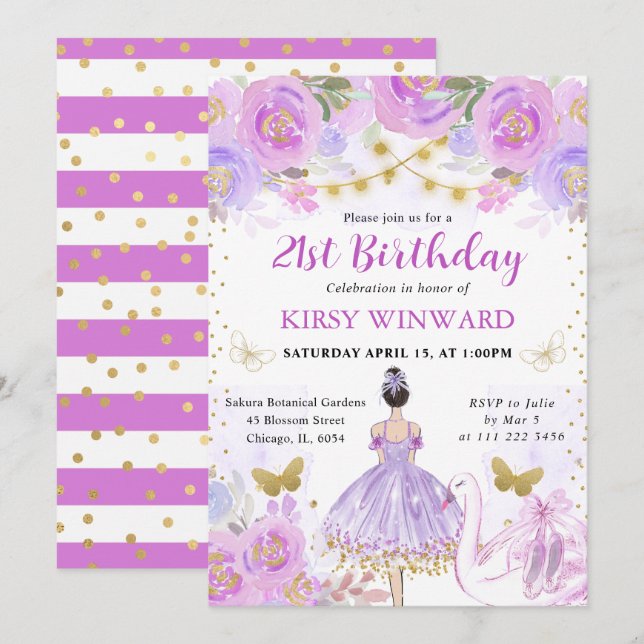 Lila Tutu Black Hair Ballerina Birthday Inbjudningar (Fram/baksida)