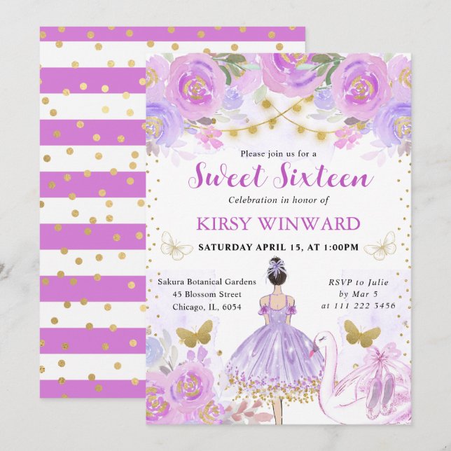 Lila Tutu Black Hair Ballerina Sweet 16 Inbjudningar (Fram/baksida)
