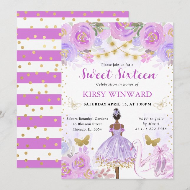 Lila Tutu Mörk Hud Ballerina Sweet 16 Inbjudningar (Fram/baksida)