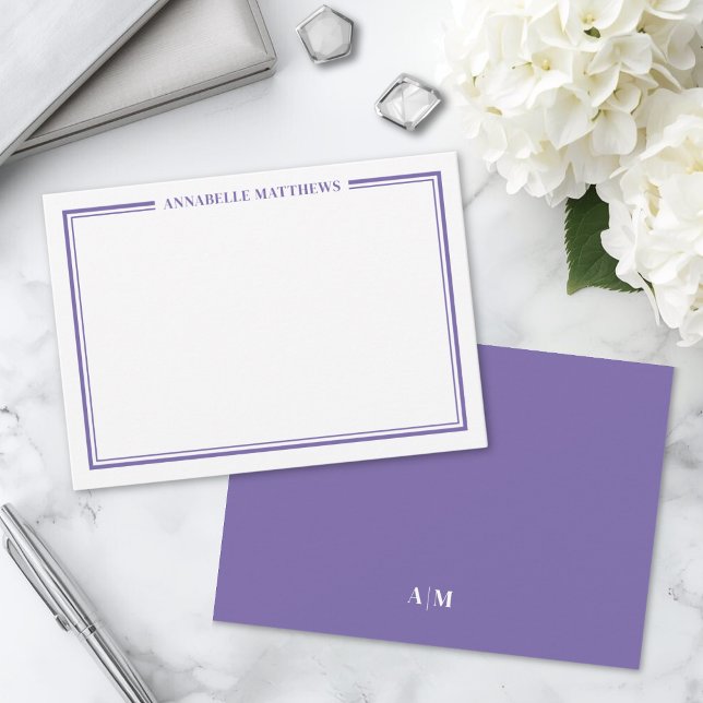 Lila Två Kant Minimalistisk Monogram Anteckningskort (Purple Border Minimalist Name Monogram Note Card )