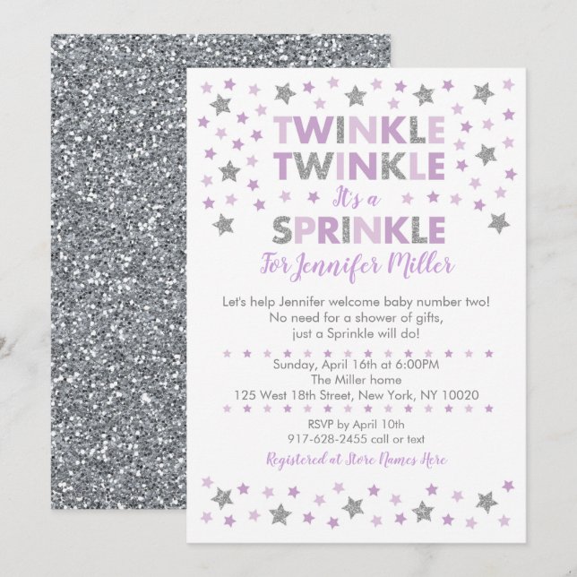 Lila Twinkle Star Baby Sprinkle Inbjudningar (Fram/baksida)