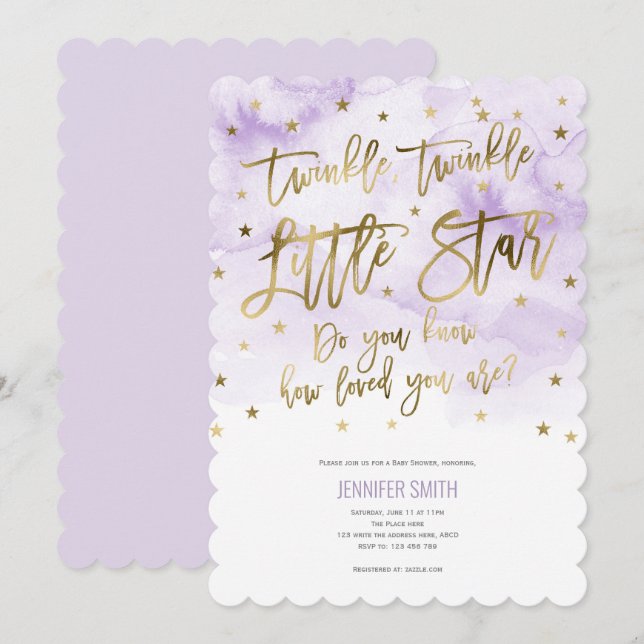 Lila, Twinkle Stars, Watercolor, Flicka Inbjudningar (Fram/baksida)