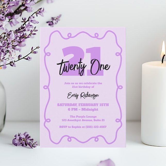 Lila typografi Enkel chic 21-års födelsedagsfest Inbjudningar (Purple Typography Simple Chic 21st Birthday Party Invitation)