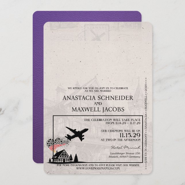 Lila Tysklanda passet Bröllop Inbjudningar (Fram/baksida)