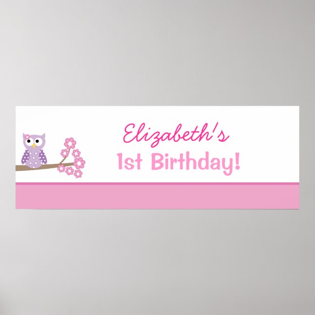Lila Uggla Anpassningsbar Birthday Banner Poster S (Framsidan)