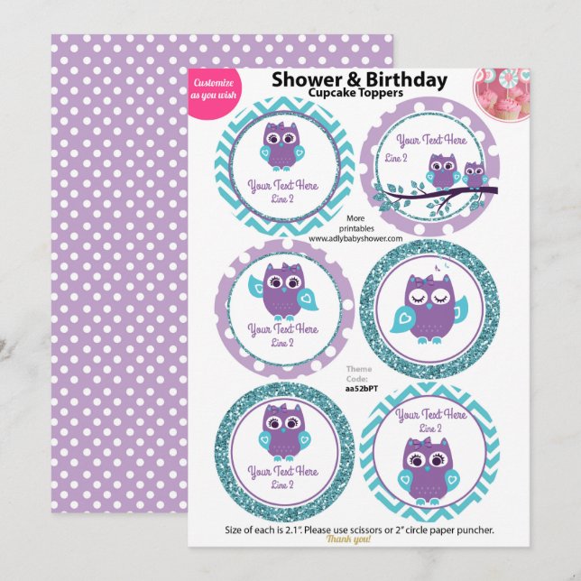 Lila Uggla med Teal Cuppie Toppers, Baby Shower Inbjudningar (Fram/baksida)