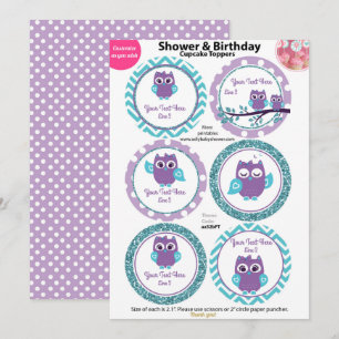Lila Uggla med Teal Cuppie Toppers, Baby Shower Inbjudningar