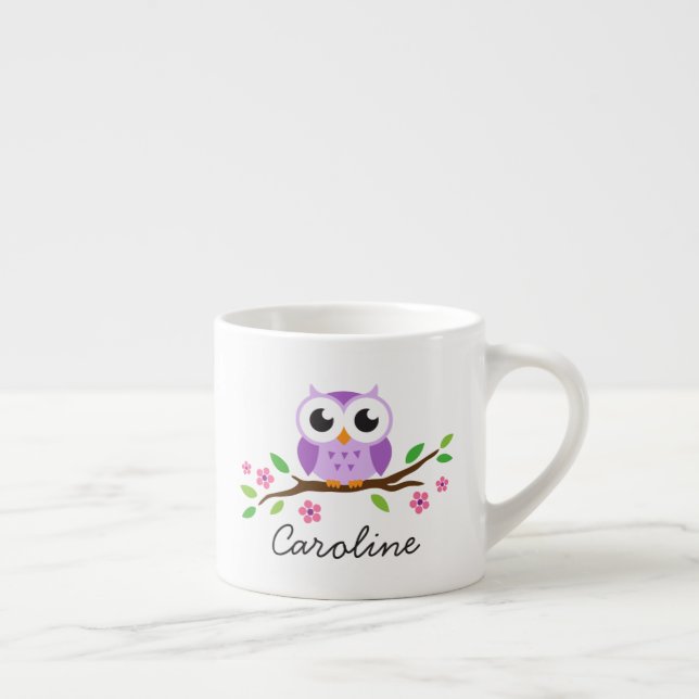 Lila uggla på gren söt personlig namn espressomugg (Höger)