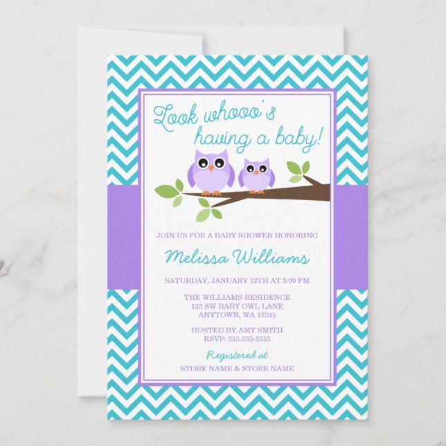 Lila Uggla Teal Chevron Girl Baby Shower Inbjudningar (Framsida)