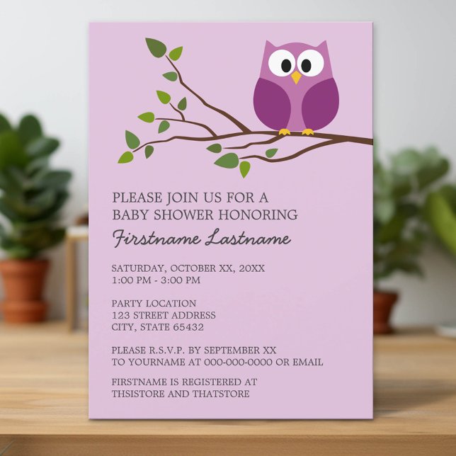 Lila Uggla vid Gren Flicka-duschen Inbjudningar (Custom Invitation with Download Option)