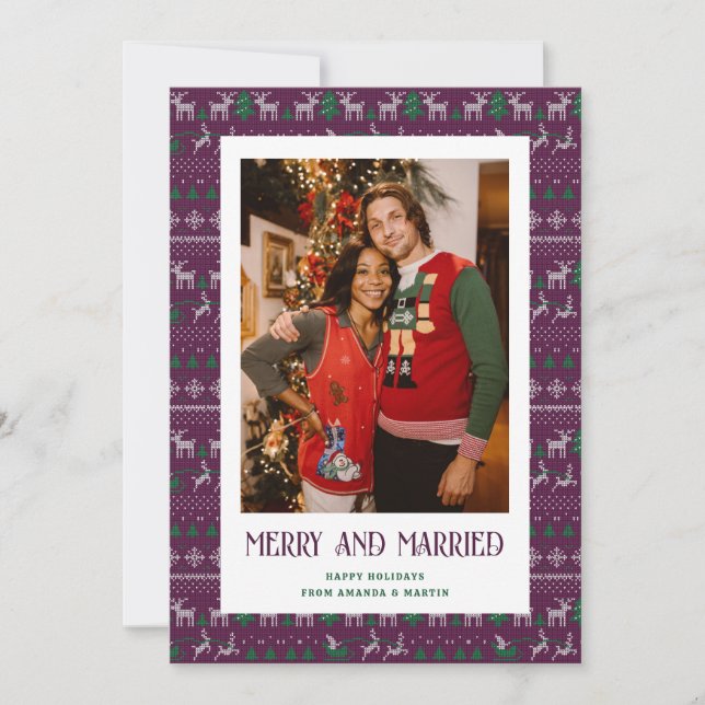 Lila Ugly Sweater Merry and Married Photo Julkort (Framsida)