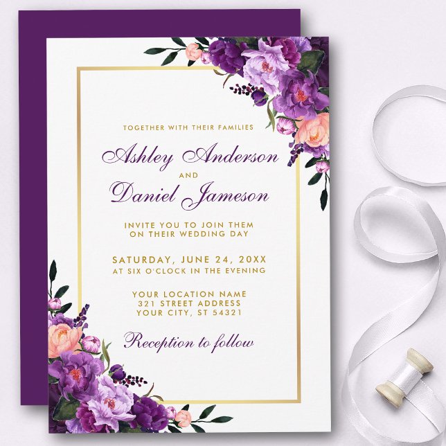 Lila Ultra Violet Blommigt Guld bröllopsinbjudan P Inbjudningar (Customize to change text color, style, add text & photos to back or change color of back of card.)