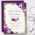 Lila Ultra Violet Blommigt Guld Glitter Bröllop Inbjudningar<br><div class="desc">Bröllokskort för Watercolor Lila Ultra Violet Blommigt Guld Glitter - Lila Script - Lila Back</div>