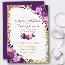 Lila Ultra Violet Blommigt Guld Glitter Bröllop