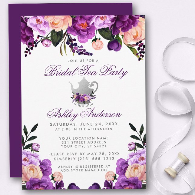 Lila Ultra Violet Möhippa Tea Party Inbjudan (Customize to change text color,  size, style or color of back of card.)