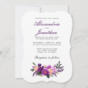 Lila Ultra Violet Watercolor Blommigt Bröllop BG Inbjudningar