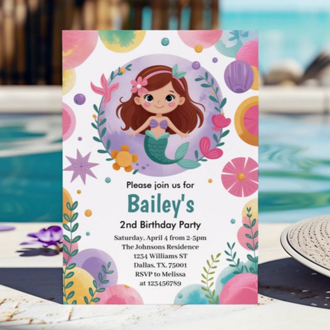 Lila under havets Sjöjungfru 2:a födelsedag Party Inbjudningar (Skapare uppladdad)