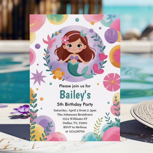 Lila under havets Sjöjungfru 5:e Födelsedagsfesten Inbjudningar (Skapare uppladdad)