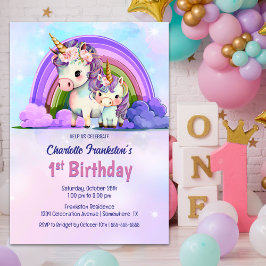 Lila Unicorn 1:a födelsedag Party Inbjudningar