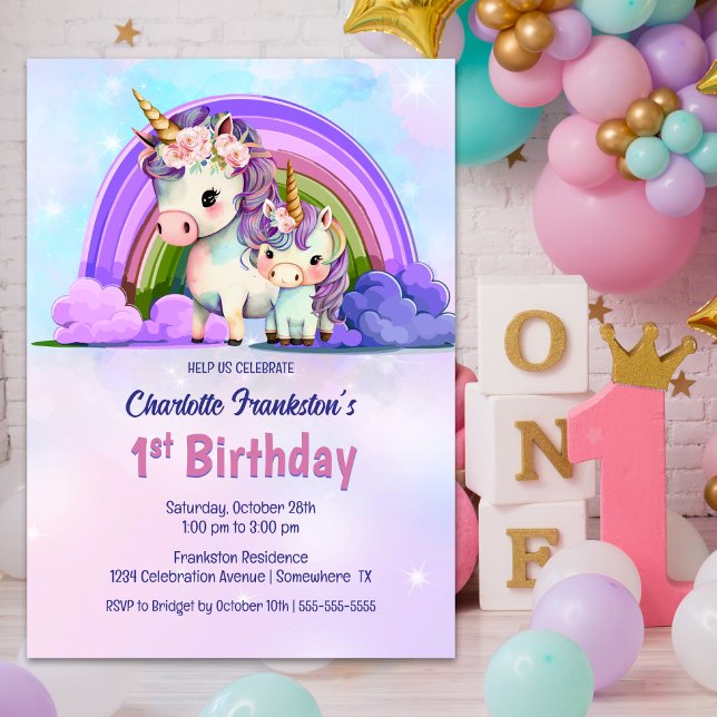 Lila Unicorn 1:a födelsedag Party Inbjudningar (Skapare uppladdad)