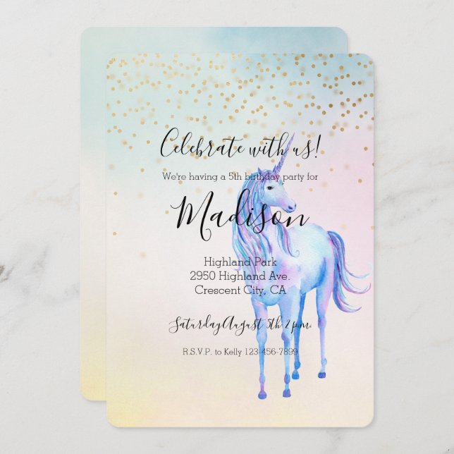 Lila Unicorn Aqua Rosa Gult Guld Confetti Inbjudningar (Fram/baksida)