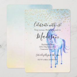 Lila Unicorn Aqua Rosa Gult Guld Confetti Inbjudningar
