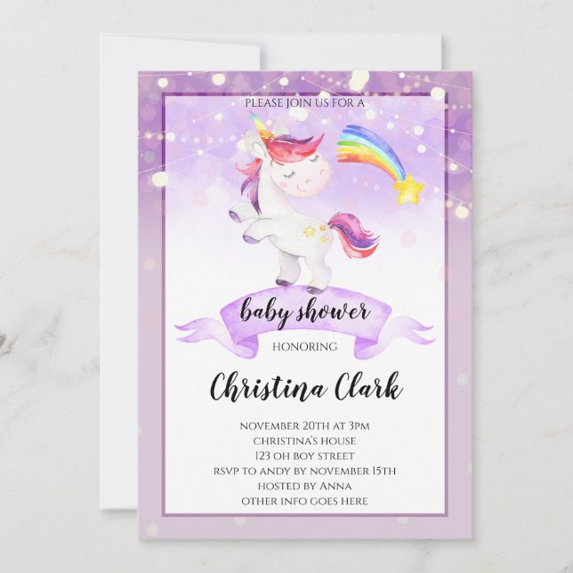 Lila Unicorn Baby Shower Investigation Girl Inbjudningar (Framsida)