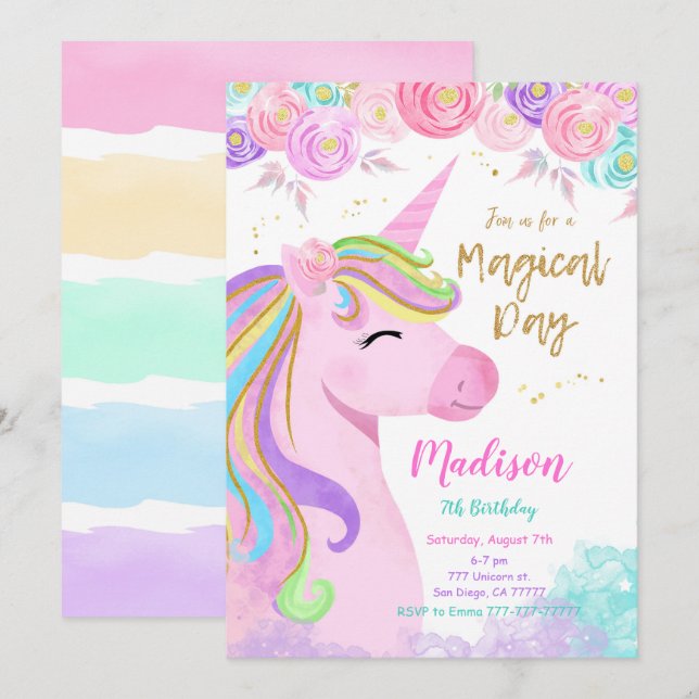 Lila Unicorn Birthday bjudande Inbjudningar (Fram/baksida)