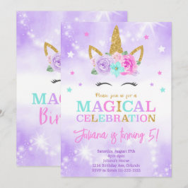 Lila Unicorn Birthday bjudande Inbjudningar