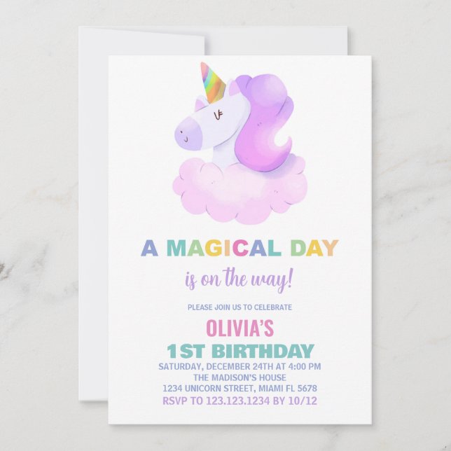 Lila Unicorn Birthday-inbjudningar Inbjudningar (Framsida)