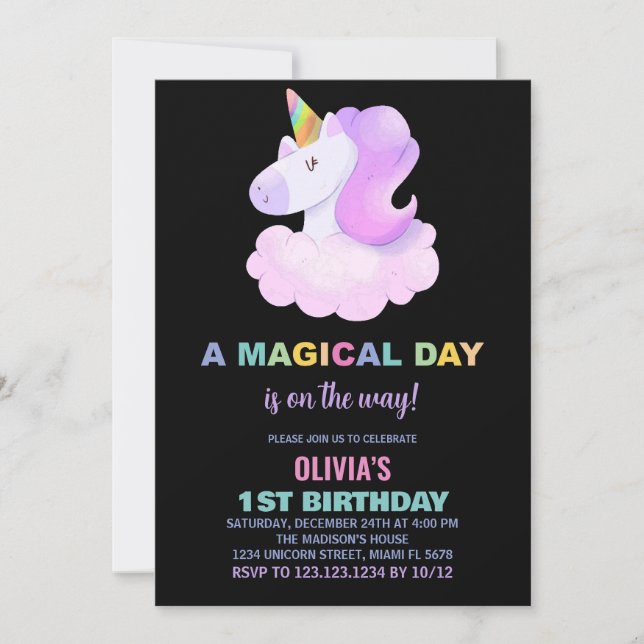 Lila Unicorn Birthday-inbjudningar Inbjudningar (Framsida)
