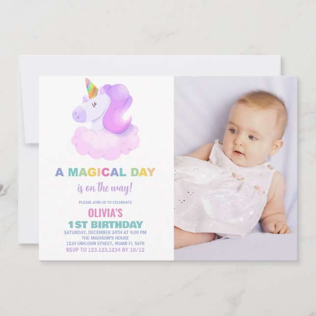 Lila Unicorn Birthday-inbjudningar med foto Inbjudningar (Framsida)