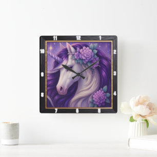 Lila Unicorn Blommigt Fantasy Fyrkantig Klocka
