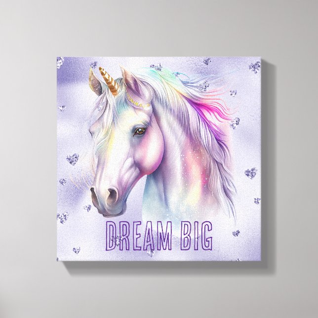 Lila Unicorn Dream Glitter Hearts Canvastryck (Framsida)
