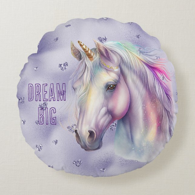 Lila Unicorn Dream Glitter Hearts Rund Kudde (Framsidan)