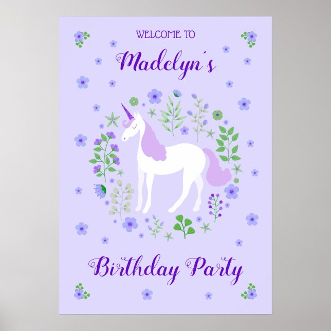 Lila Unicorn Faux Lila Glitter födelsedag Poster (Framsidan)