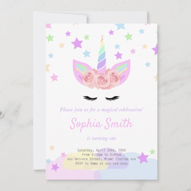 Lila Unicorn-födelsedagsinbjudan Inbjudningar (Framsida)