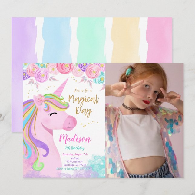 Lila Unicorn-fotoinbjudan Inbjudningar (Fram/baksida)