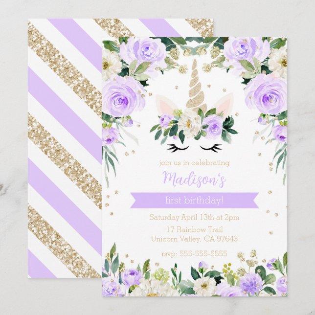 Lila Unicorn Girly Birthday Inbjudningar (Fram/baksida)